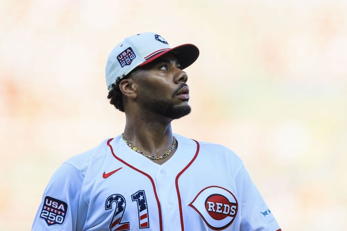 Jul 4, 2026; Cincinnati, Ohio, USA; Cincinnati Reds starting pitcher Hunter Greene (21) walks off the field in between innings against the Baltimore Orioles at Great American Ball Park. Mandatory Credit: Katie Stratman-Imagn Images