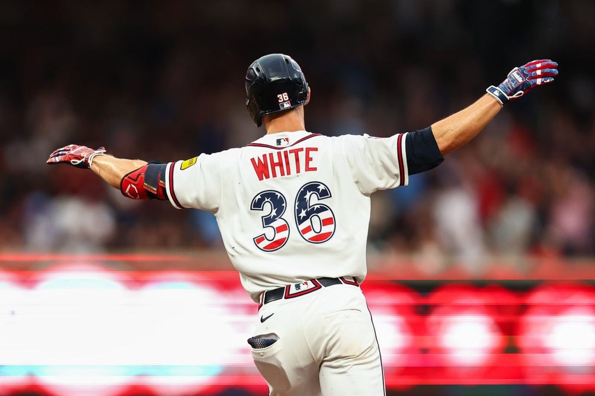 Jul 4, 2026; Cumberland, Georgia, USA; Atlanta Braves right fielder Eli White (36) reacts after hitting a solo home run against the New York Mets in the second inning at Truist Park. Mandatory Credit: Colin Hubbard-Imagn Images