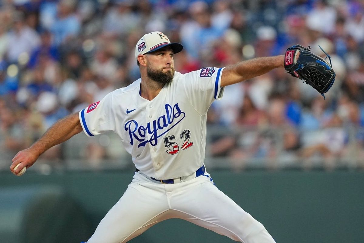 Jul 4, 2026; Kansas City, Missouri, USA; Kansas City Royals pitcher Michael Wacha (52) delivers a pitch against the Philadelphia Phillies during the fourth inning at Kauffman Stadium. Mandatory Credit: Denny Medley-Imagn Images