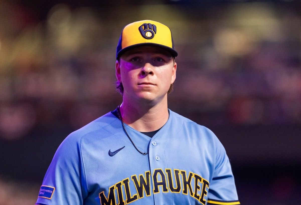 Jul 3, 2026; Phoenix, Arizona, USA; Milwaukee Brewers pitcher Kyle Harrison against the Arizona Diamondbacks at Chase Field. Mandatory Credit: Mark J. Rebilas-Imagn Images