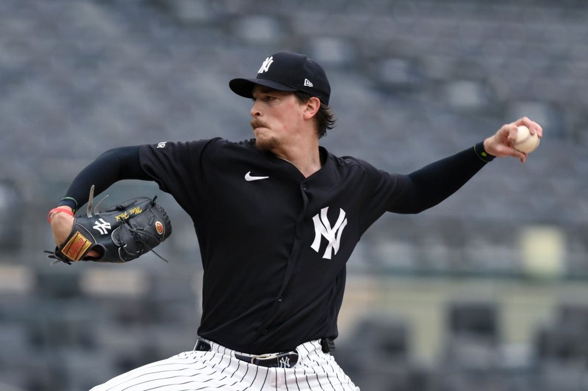 Jul 5, 2026; Bronx, New York, USA; New York Yankees pitcher Max Fried throws a live bullpen session before a game against the Minnesota Twins at Yankee Stadium. Mandatory Credit: John Jones-Imagn Images