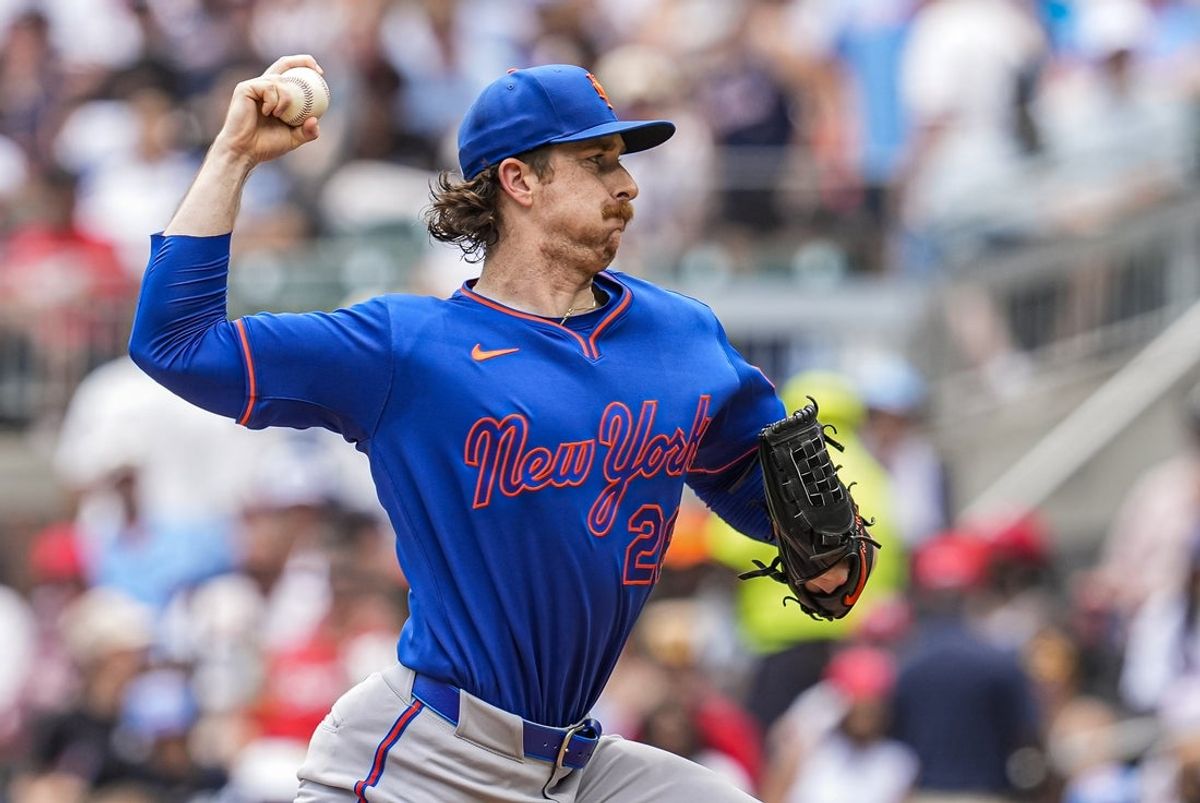 Jul 5, 2026; Cumberland, Georgia, USA; New York Mets pitcher Nolan McLean (26) pitches against the Atlanta Braves during the first inning at Truist Park. Mandatory Credit: Dale Zanine-Imagn Images