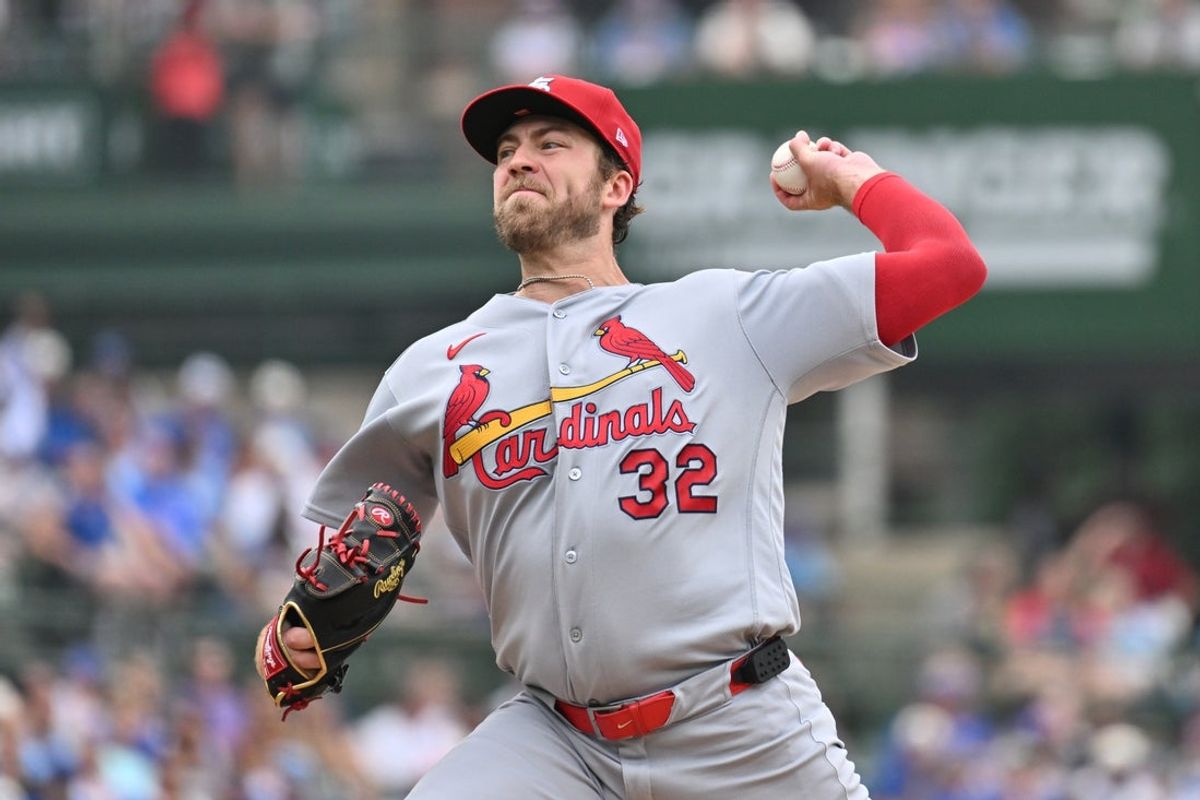 Jul 5, 2026; Chicago, Illinois, USA; St. Louis Cardinals pitcher Matthew Liberatore (32) pitches against the Chicago Cubs during the first inning at Wrigley Field. Mandatory Credit: Patrick Gorski-Imagn Images