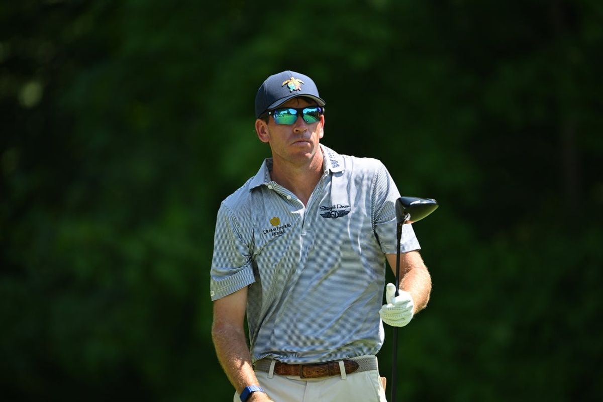 Jul 5, 2026; Silvis, Illinois, USA; Ben Kohles tees off on the 2nd hole during the final round of the John Deere Classic golf tournament. Mandatory Credit: Marc Lebryk-Imagn Images
