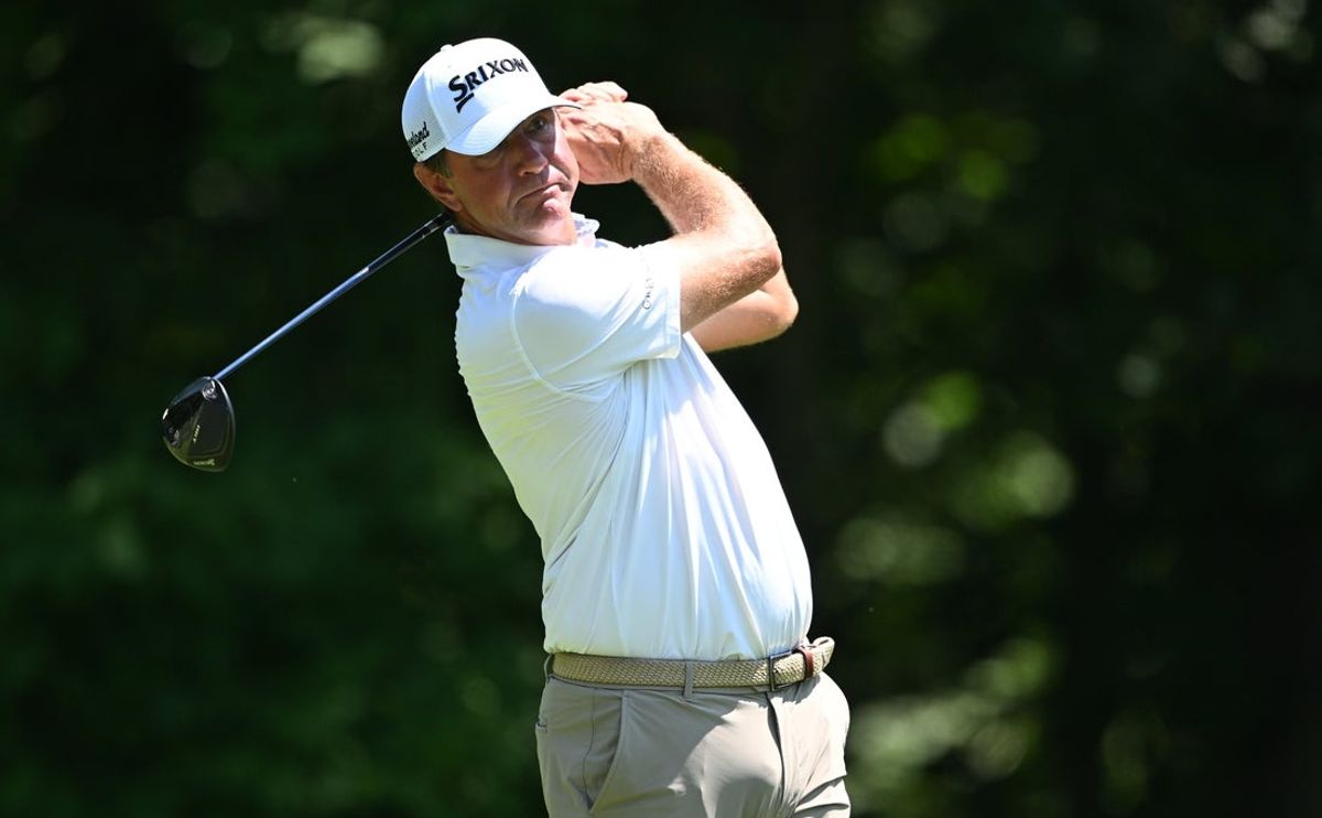 Jul 5, 2026; Silvis, Illinois, USA; Lucas Glover tees off on the 2nd hole during the final round of the John Deere Classic golf tournament. Mandatory Credit: Marc Lebryk-Imagn Images