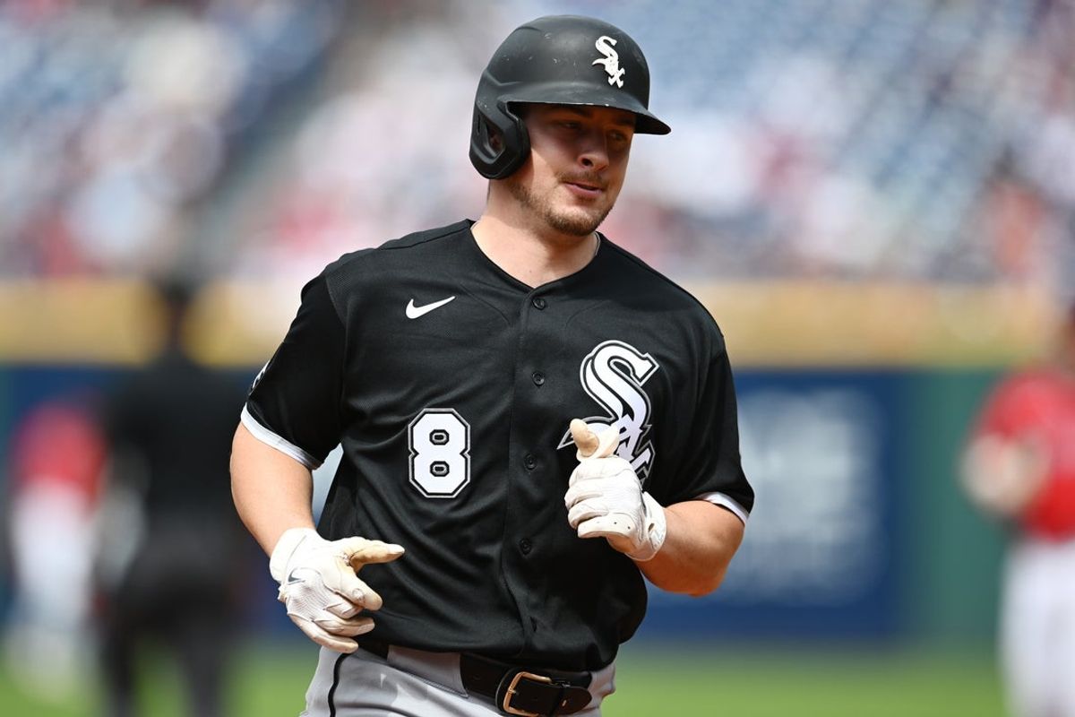 Jul 5, 2026; Cleveland, Ohio, USA; Chicago White Sox catcher Kyle Teel (8) rounds the bases after hitting a home run during the first inning against the Cleveland Guardians at Progressive Field. Mandatory Credit: Ken Blaze-Imagn Images