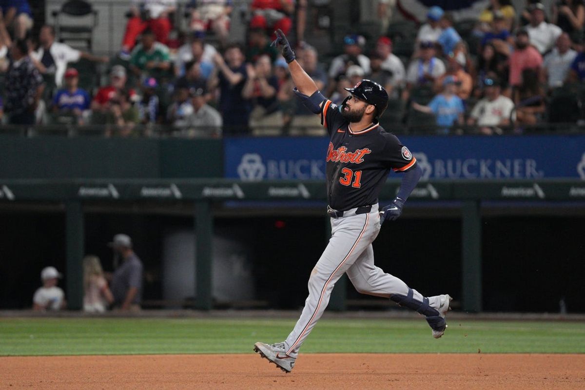 Jul 5, 2026; Arlington, Texas, USA;  Detroit Tigers left fielder Riley Greene (31) reacts as he runs the bases after hitting a two-run home run against the Texas Rangers during the fourth inning at Globe Life Field. Mandatory Credit: Raymond Carlin III-Imagn Images