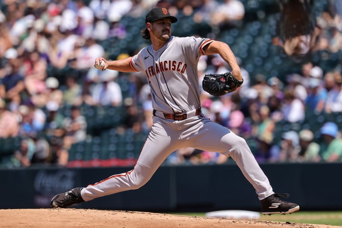 Jul 5, 2026; Denver, Colorado, USA; San Francisco Giants starting pitcher Tyler Mahle (54) pitches in the first inning against the Colorado Rockies at Coors Field. Mandatory Credit: Isaiah J. Downing-Imagn Images