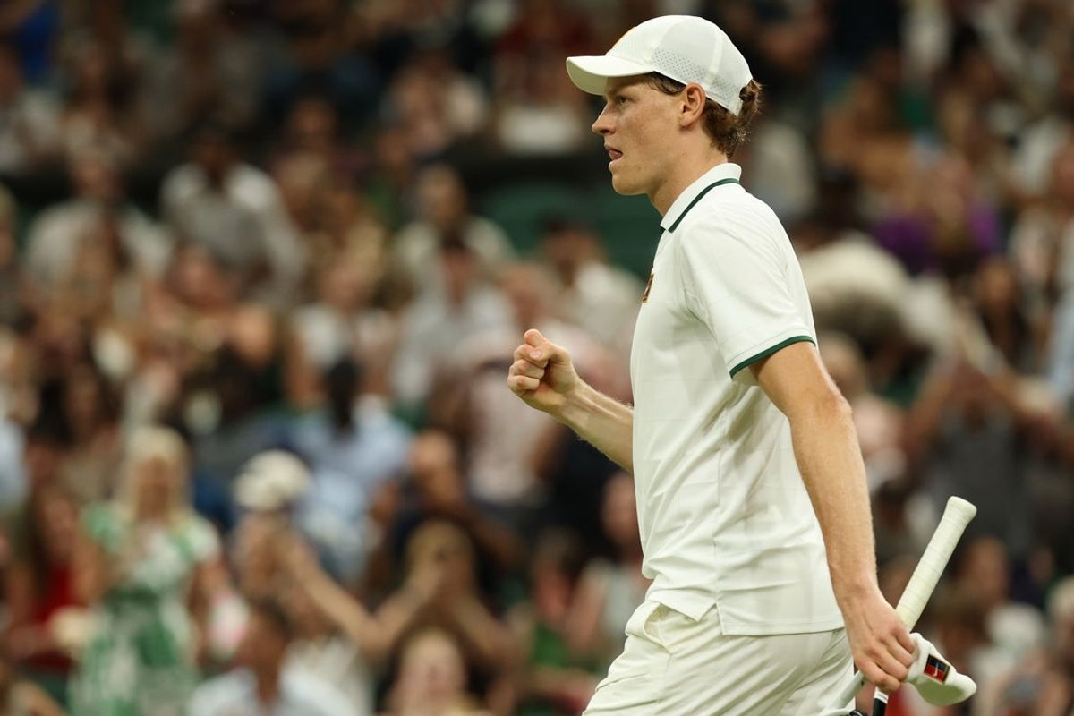 Jul 5, 2026; London, United Kingdom; Jannik Sinner (ITA) reacts after match point against Shintaro Mochizuki (JPN) (not pictured) on day seven of The Championships Wimbledon 2026 at All England Lawn Tennis and Croquet Club. Mandatory Credit: Geoff Burke-Imagn Images