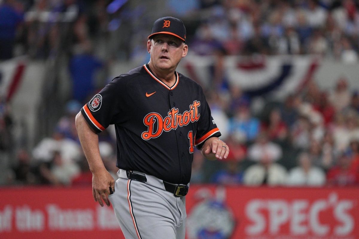 Jul 5, 2026; Arlington, Texas, USA;  Detroit Tigers manager A.J. Hinch (14) walks of the field after a pitching change during the seventh inning against the Texas Rangers at Globe Life Field. Mandatory Credit: Raymond Carlin III-Imagn Images