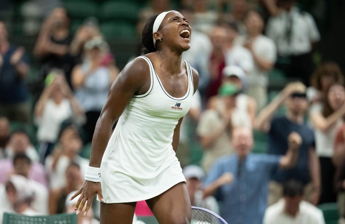 Jul 5, 2026; London, United Kingdom; Coco Gauff of the United States celebrates winning her match against Belinda Bencic of Switzerland on day seven at All England Lawn Tennis and Croquet Club.  Mandatory Credit: Susan Mullane-Imagn Images