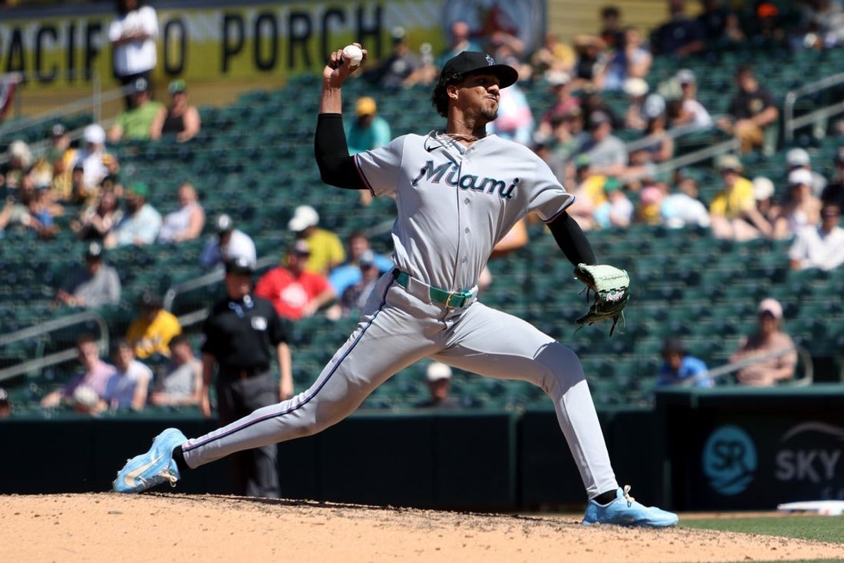 Jul 5, 2026; West Sacramento, California, USA; Miami Marlins starting pitcher Eury Perez (39) throws a pitch against the Athletics during the sixth inning at Sutter Health Park. Mandatory Credit: Dennis Lee-Imagn Images
