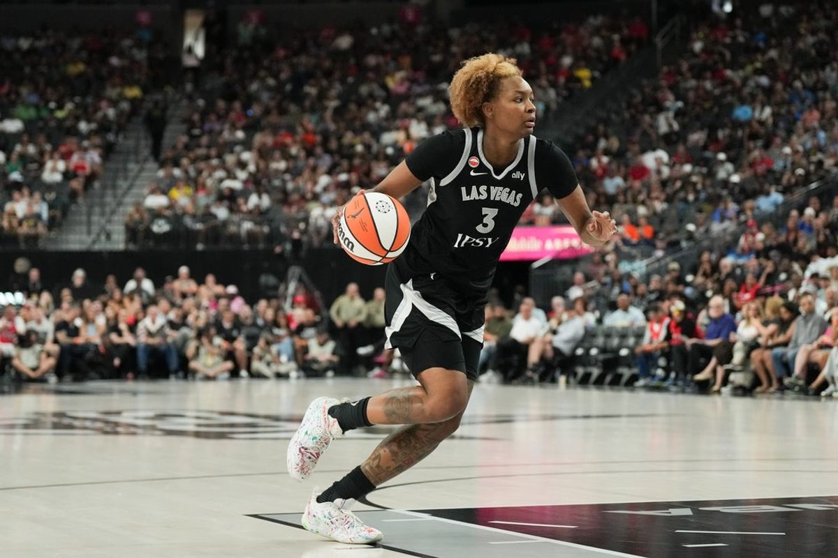 Jul 5, 2026; Las Vegas, Nevada, USA;  Las Vegas Aces forward NaLyssa Smith (3) drives against the Indiana Fever in the second quarter of their game at T-Mobile Arena. Mandatory Credit: Candice Ward-Imagn Images