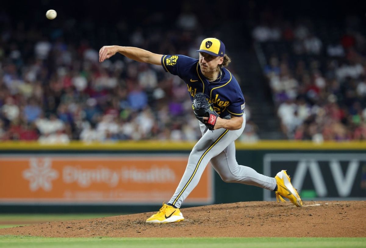 Jul 5, 2026; Phoenix, Arizona, USA; Milwaukee Brewers pitcher Brandon Sproat against the Arizona Diamondbacks at Chase Field. Mandatory Credit: Mark J. Rebilas-Imagn Images