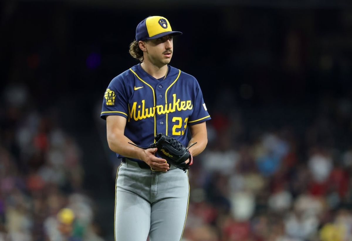 Jul 5, 2026; Phoenix, Arizona, USA; Milwaukee Brewers pitcher Brandon Sproat against the Arizona Diamondbacks at Chase Field. Mandatory Credit: Mark J. Rebilas-Imagn Images