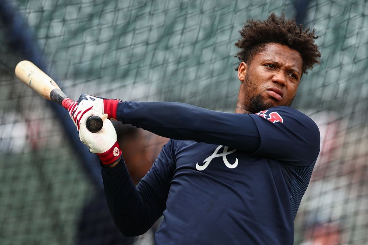 Jul 4, 2026; Cumberland, Georgia, USA; Atlanta Braves right fielder Ronald Acuna Jr. (13) during batting practice before a game against the New York Mets at Truist Park. Mandatory Credit: Colin Hubbard-Imagn Images
