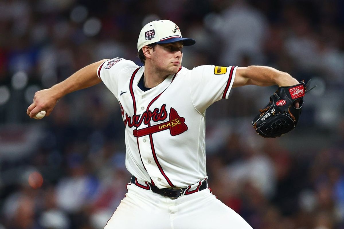 Jul 4, 2026; Cumberland, Georgia, USA; Atlanta Braves pitcher JR Ritchie (60) throws against the New York Mets in the eighth inning at Truist Park. Mandatory Credit: Colin Hubbard-Imagn Images