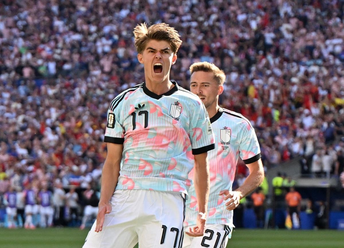 Belgium's Charles De Ketelaere celebrates scoring against the United States on July 6, 2026.