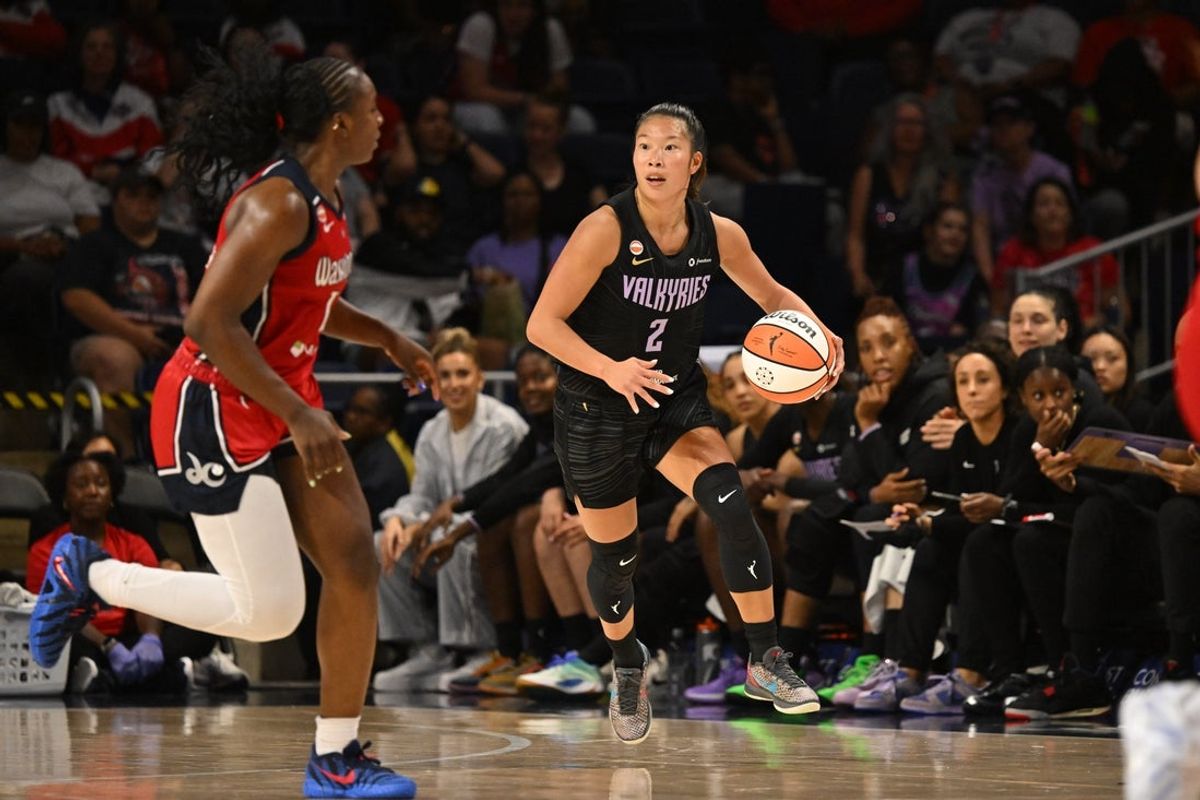 Jul 6, 2026; Washington, District of Columbia, USA; Golden State Valkyries guard Kaitlyn Chen (2) dribbles the ball against the Washington Mystics during the second quarter at CareFirst Arena. Mandatory Credit: Rafael Suanes-Imagn Images