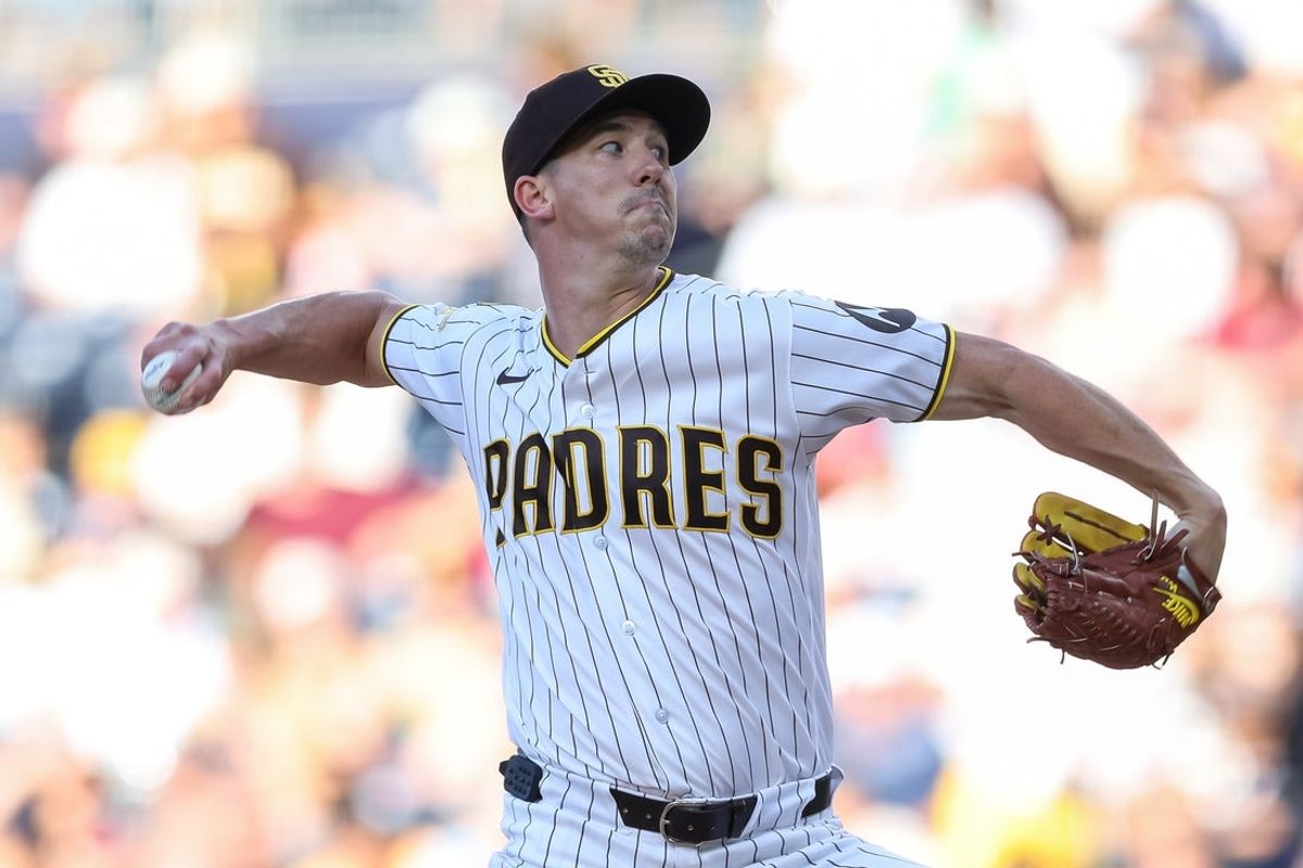 Jul 6, 2026; San Diego, California, USA; San Diego Padres pitcher Walker Buehler (10) pitches in the first inning against the Arizona Diamondbacks at Petco Park. Mandatory Credit: Chadd Cady-Imagn Images