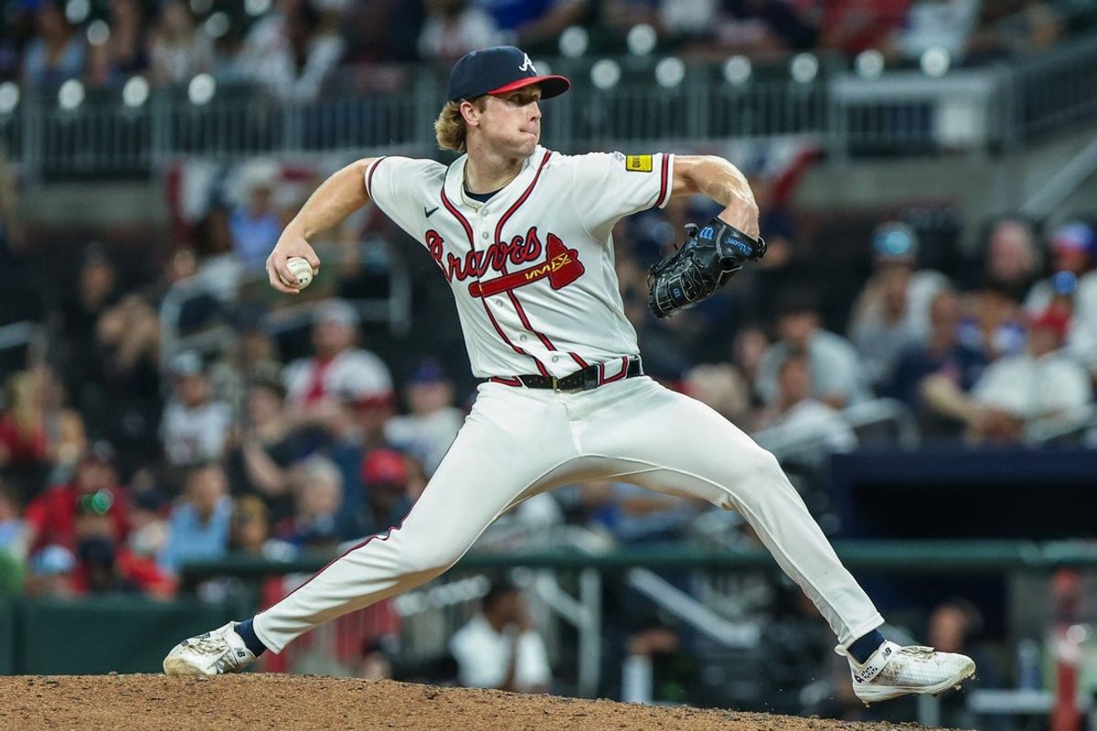 Jul 6, 2026; Cumberland, Georgia, USA; Atlanta Braves pitcher Owen Murphy (73) pitches the ball against the New York Mets during the tenth inning at Truist Park. Mandatory Credit: Jordan Godfree-Imagn Images