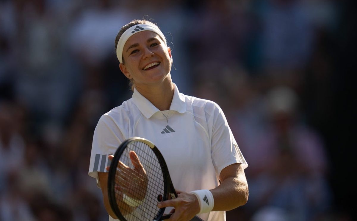 Jul 7, 2026; London, United Kingdom; Karolina Muchova of the Czech Republic celebrates winning her match against Naomi Osaka of Japan on day nine at All England Lawn Tennis and Croquet Club.  Mandatory Credit: Susan Mullane-Imagn Images