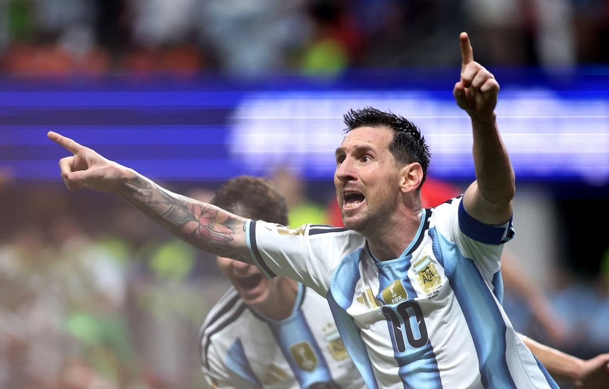 July 7, 2026; Atlanta, Georgia, U.S.; Argentina's Lionel Messi celebrates scoring their second goal.  Mandatory Credit: Brett Davis-Imagn Images
