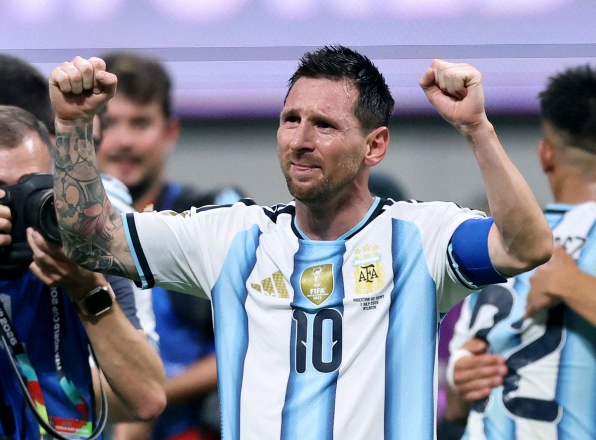 July 7, 2026; Atlanta, Georgia, U.S.; Argentina's Lionel Messi celebrates after the match as Argentina qualify for the quarter finals of the World Cup.  Mandatory Credit: Brett Davis-Imagn Images
