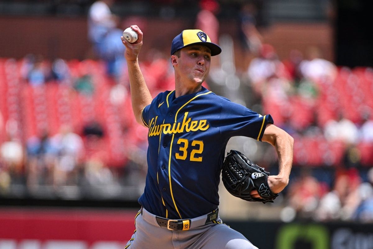 Jul 7, 2026; St. Louis, Missouri, USA; Milwaukee Brewers starting pitcher Jacob Misiorowski (32) pitches against the St. Louis Cardinals during the fourth inning at Busch Stadium. Mandatory Credit: Jeff Curry-Imagn Images
