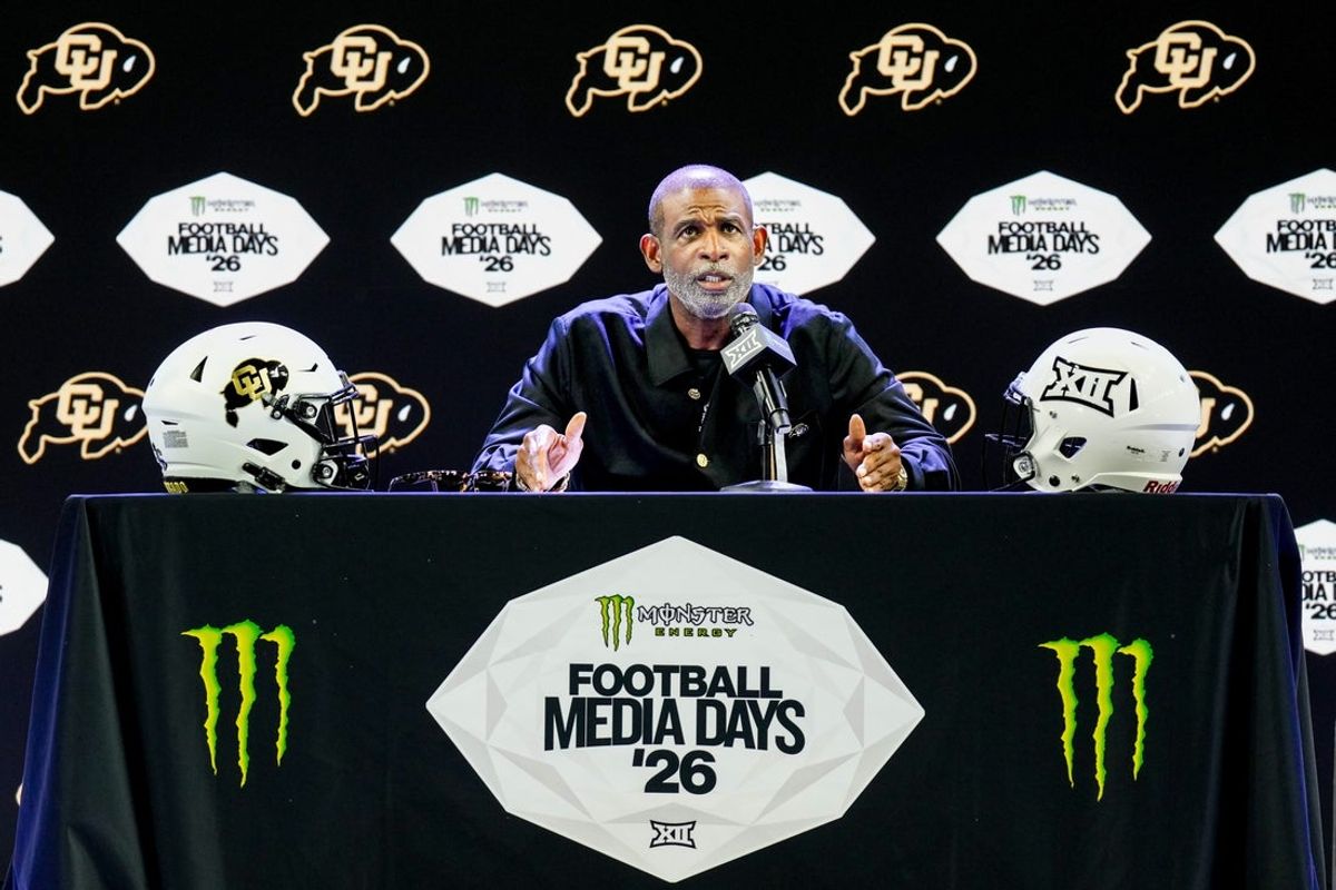 Jul 7, 2026; Frisco, TX, USA;  Colorado head coach Deion Sanders speaks to reporters during Big 12 Conference Football Media Days at The Star. Mandatory Credit: Raymond Carlin III-Imagn Images