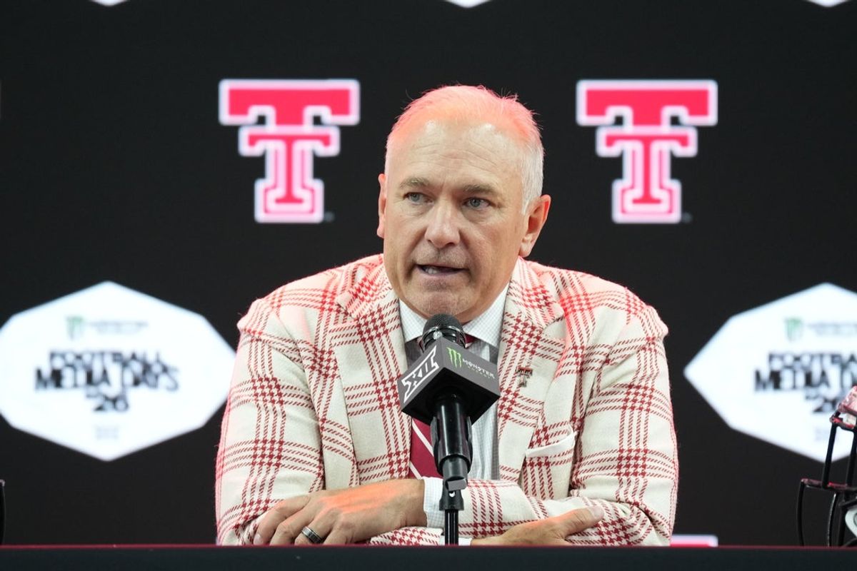 Jul 7, 2026; Frisco, TX, USA;  Texas Tech head coach Joey McGuire speaks to reporters during Big 12 Conference Football Media Days at The Star. Mandatory Credit: Raymond Carlin III-Imagn Images
