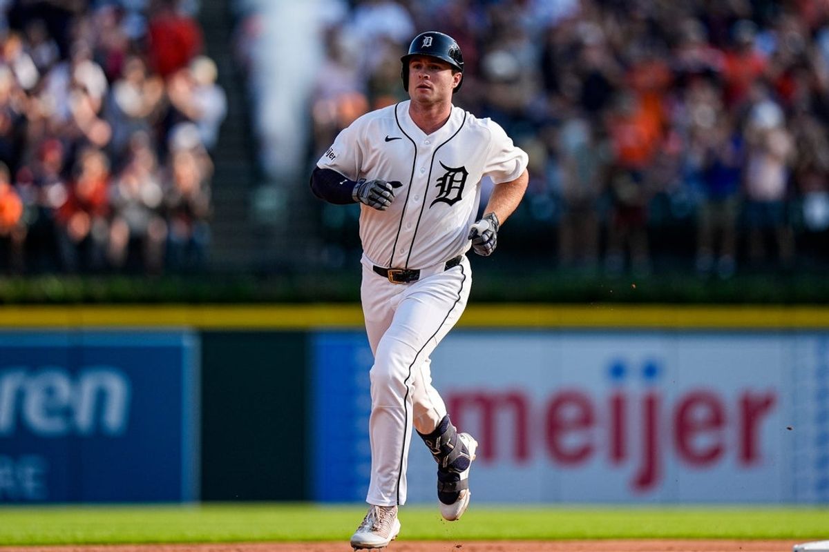 Detroit Tigers third baseman Colt Keith celebrates hitting a two run home run against Athletics during the first inning at Comerica Park in Detroit on Tuesday, July 7, 2026.