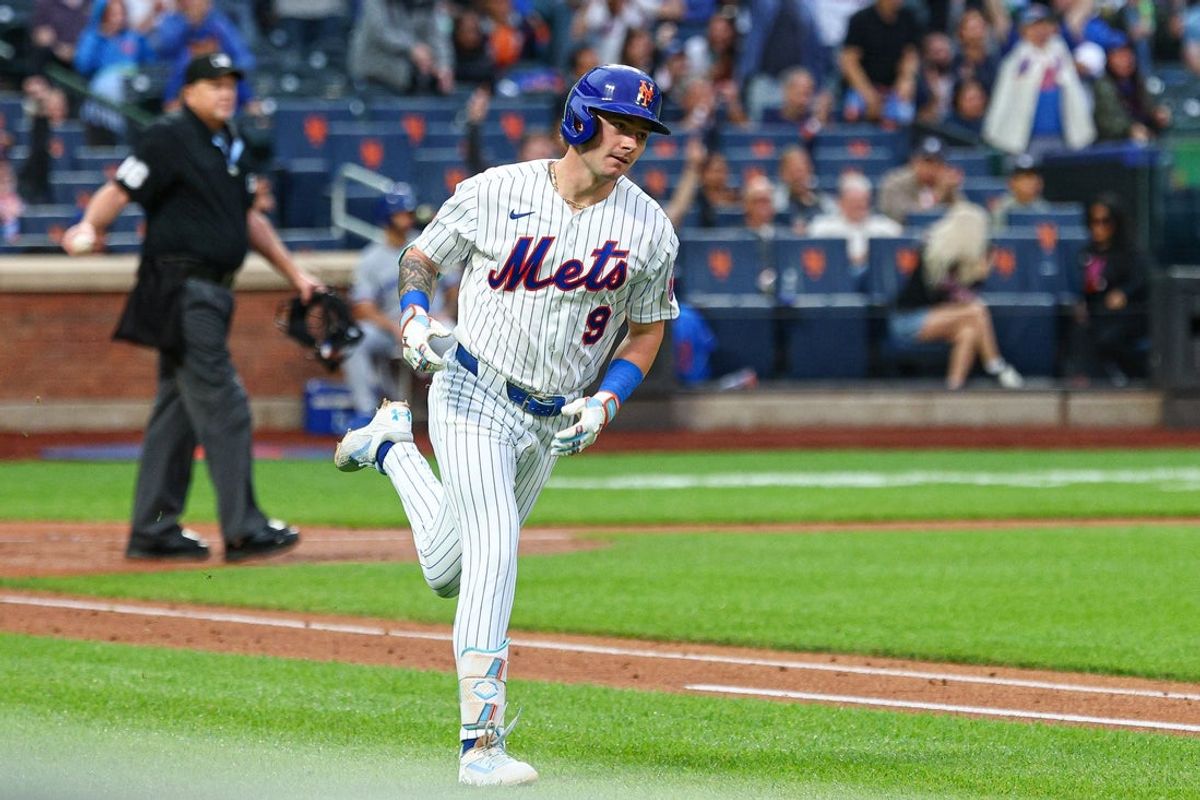 Jul 7, 2026; New York City, New York, USA; New York Mets center fielder A.J. Ewing (9) runs the bases after hitting a two run home run during the second inning against the Kansas City Royals at Citi Field. Mandatory Credit: Vincent Carchietta-Imagn Images