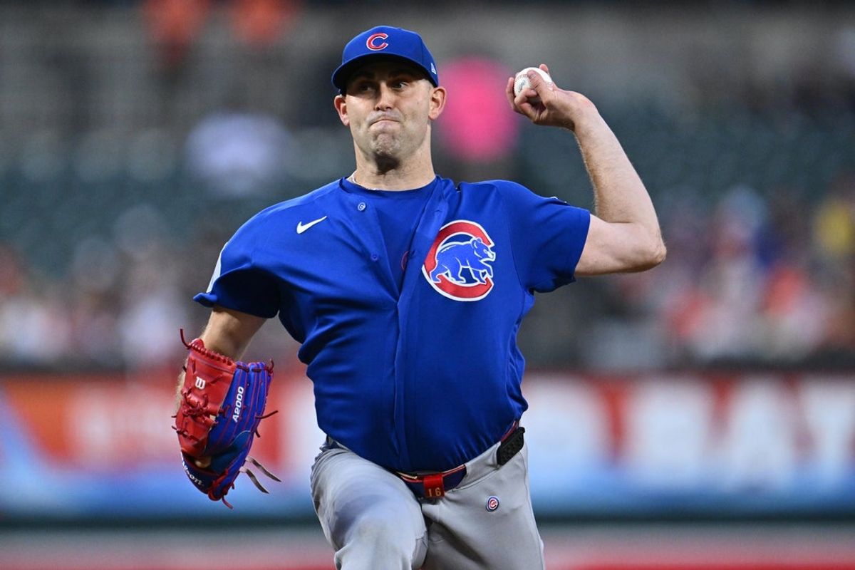 Jul 7, 2026; Baltimore, Maryland, USA;  Chicago Cubs pitcher Matthew Boyd (16) pitches in the first inning against the Baltimore Orioles at Oriole Park at Camden Yards. Mandatory Credit: Jamie Sabau-Imagn Images