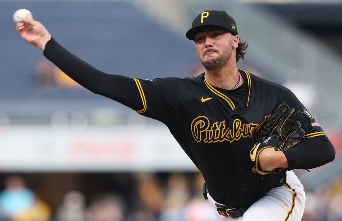 Jul 7, 2026; Pittsburgh, Pennsylvania, USA;  Pittsburgh Pirates starting pitcher Paul Skenes (30) delivers a pitch against the Atlanta Braves during the first inning at PNC Park. Mandatory Credit: Charles LeClaire-Imagn Images