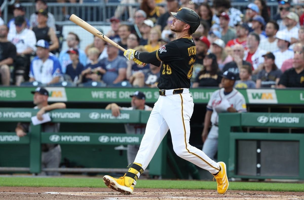 Jul 7, 2026; Pittsburgh, Pennsylvania, USA;  Pittsburgh Pirates first baseman Ryan O'Hearn (29) hits a grand slam against the Atlanta Braves during the first inning at PNC Park. Mandatory Credit: Charles LeClaire-Imagn Images
