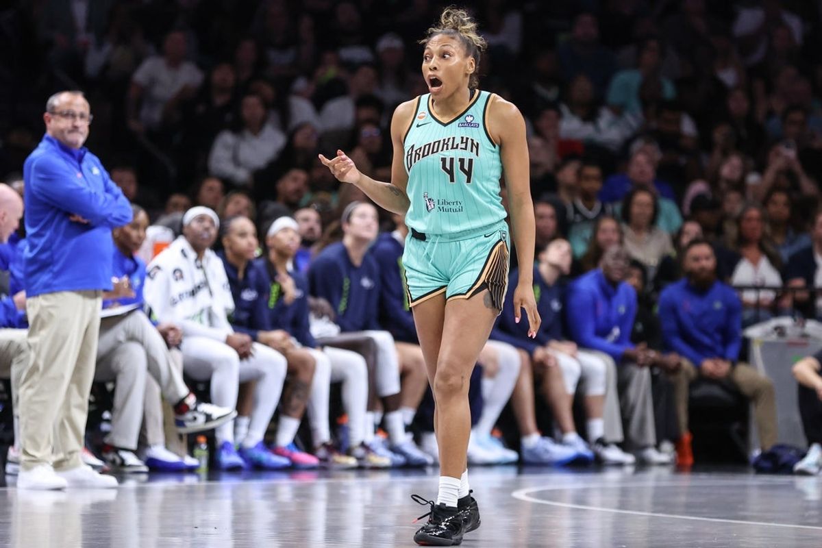 Jul 7, 2026; Brooklyn, New York, USA;  New York Liberty guard-forward Betnijah Laney-Hamilton (44) reacts after getting called for a foul in the third quarter against the Dallas Wings at Barclays Center. Mandatory Credit: Wendell Cruz-Imagn Images
