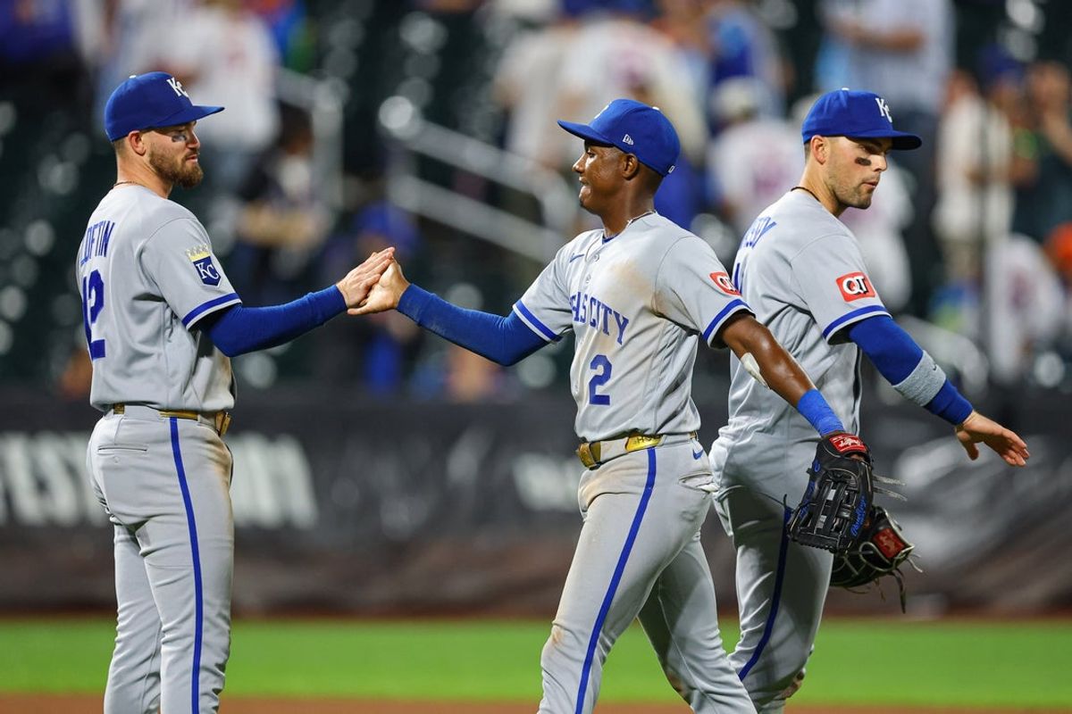 Jul 7, 2026; New York City, New York, USA; Kansas City Royals second baseman Tyler Tolbert (2) celebrates with third baseman Nick Loftin (12) after defeating the New York Mets at Citi Field. Mandatory Credit: Vincent Carchietta-Imagn Images