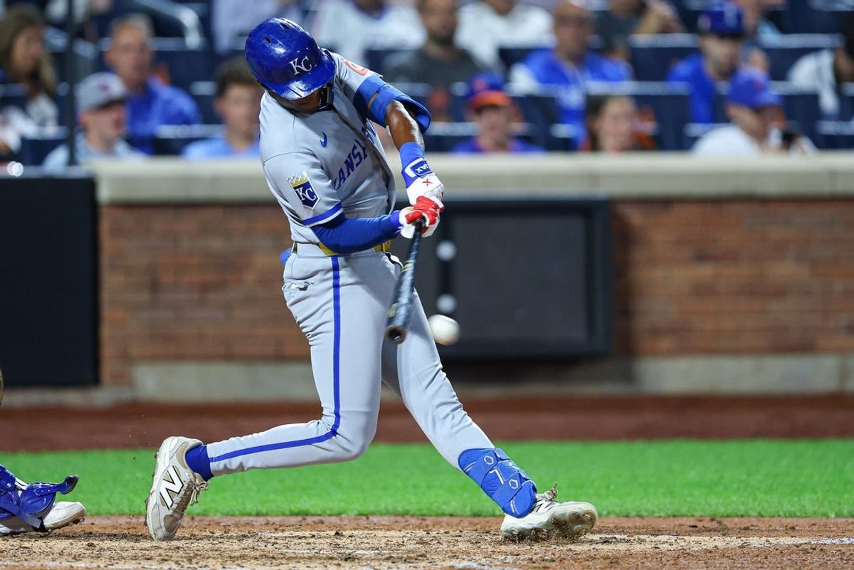 Jul 7, 2026; New York City, New York, USA; Kansas City Royals second baseman Tyler Tolbert (2) hits an infield single during the sixth inning against the New York Mets at Citi Field. Mandatory Credit: Vincent Carchietta-Imagn Images