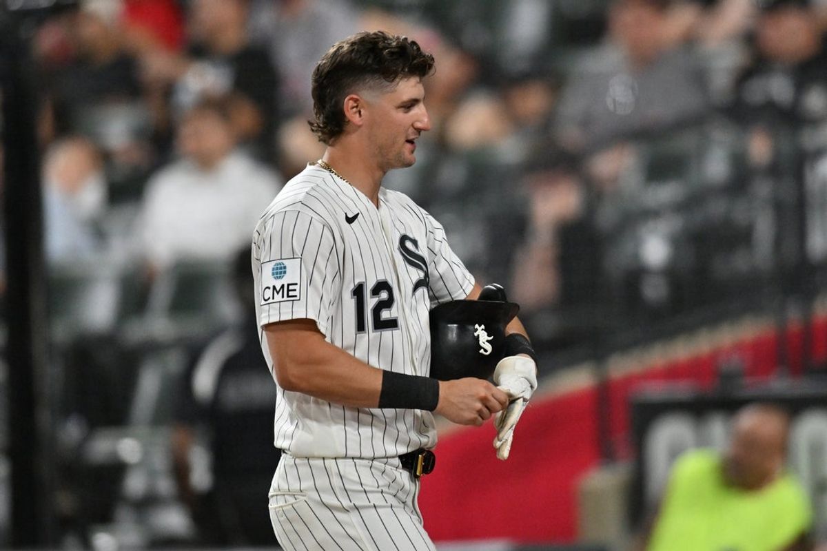 Jul 7, 2026; Chicago, Illinois, USA; Chicago White Sox third baseman Colson Montgomery (12) reacts after hitting a fly ball against the Boston Red Sox during the eighth inning at Rate Field. Mandatory Credit: Patrick Gorski-Imagn Images
