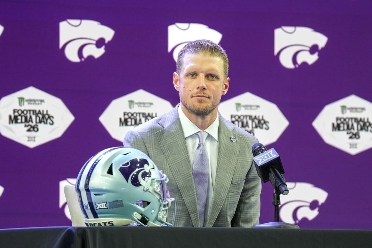 Jul 8, 2026; Frisco, TX, USA;  Kansas State head coach Collin Klein speaks to reporters during Big 12 Conference Football Media Days at The Star. Mandatory Credit: Raymond Carlin III-Imagn Images