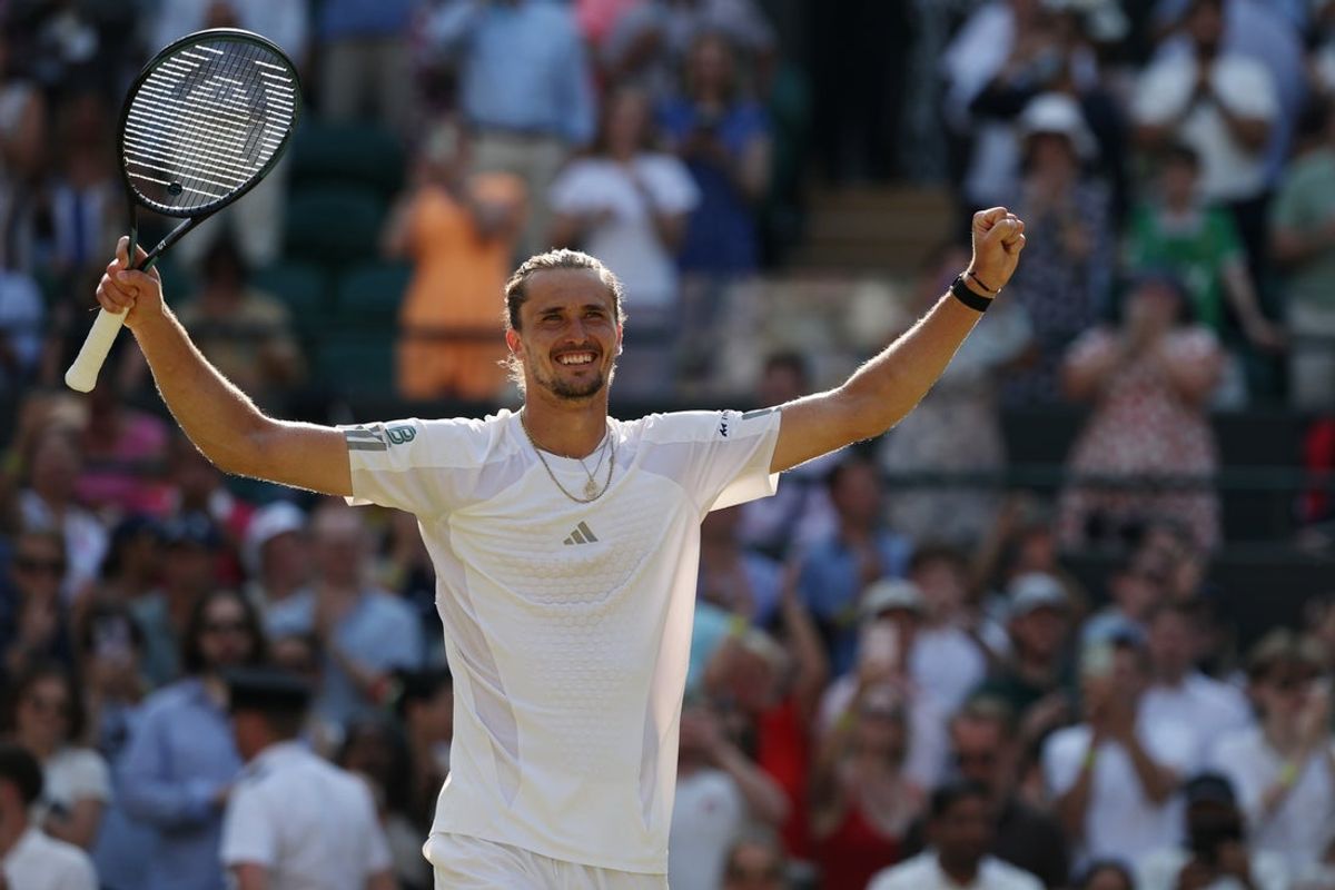 Jul 6, 2026; London, United Kingdom; Alexander Zverev (GER) celebrates after his match against Taylor Fritz (USA) (not pictured) on day 10 of The Championships Wimbledon 2026 at All England Lawn Tennis and Croquet Club. Mandatory Credit: Geoff Burke-Imagn Images