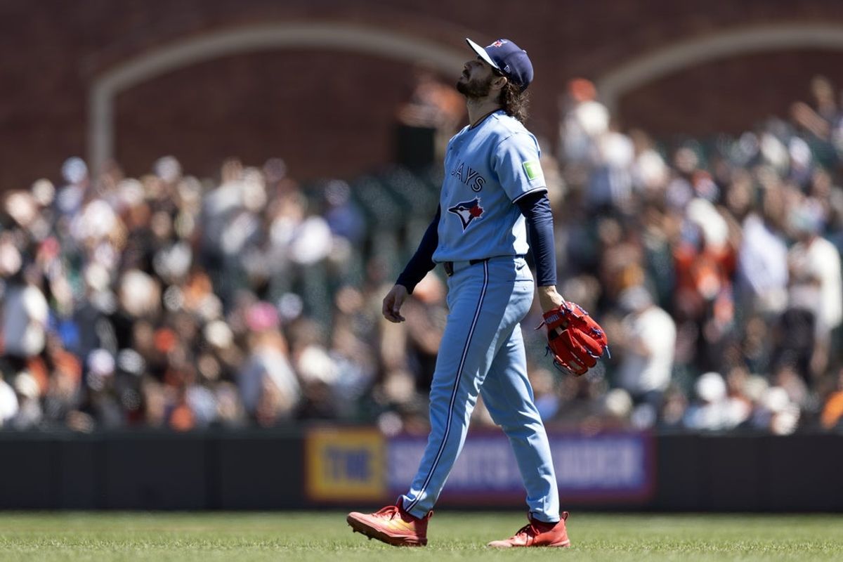 Jul 8, 2026; San Francisco, California, USA; Toronto Blue Jays starting pitcher Dylan Cease (84) reacts after his no-hitter against the San Francisco Giants ended during the ninth inning at Oracle Park. Mandatory Credit: D. Ross Cameron-Imagn Images