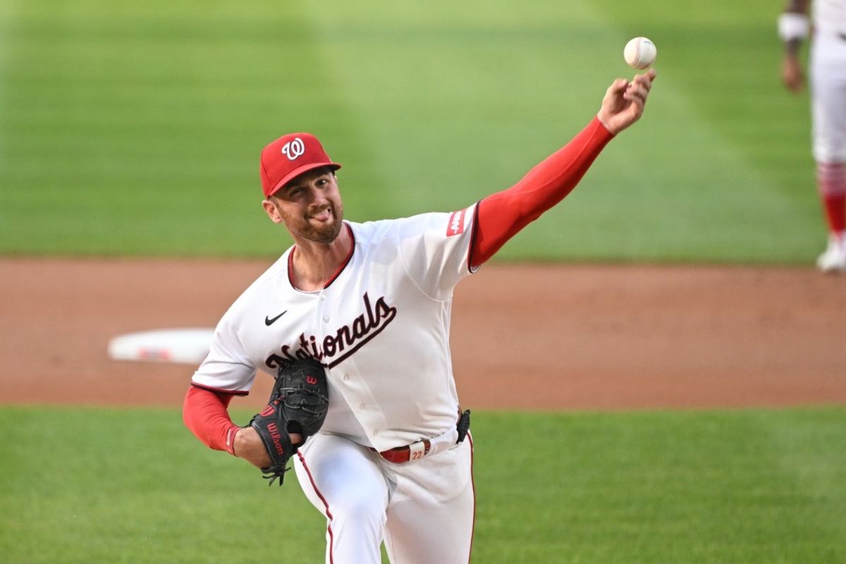 Jul 8, 2026; Washington, District of Columbia, USA; Washington Nationals pitcher Foster Griffin (22) throws a pitch against the Houston Astros during the first inning at Nationals Park. Mandatory Credit: Rafael Suanes-Imagn Images