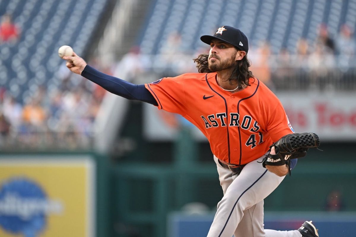 Jul 8, 2026; Washington, District of Columbia, USA; Houston Astros pitcher Spencer Arrighetti (41) throws a pitch against the Washington Nationals during the second inning at Nationals Park. Mandatory Credit: Rafael Suanes-Imagn Images