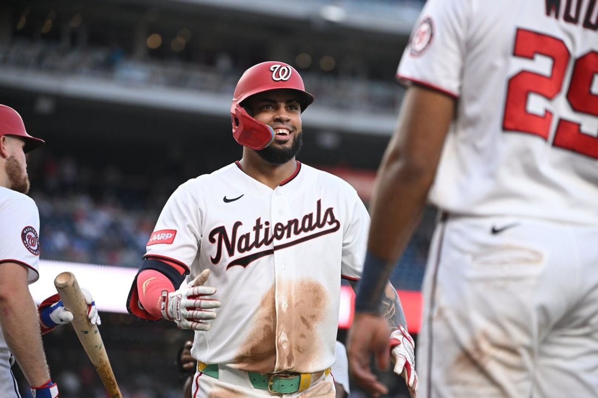 Jul 8, 2026; Washington, District of Columbia, USA; Washington Nationals first baseman Luis Garcia Jr. (2) celebrates after hitting a home run with right fielder James Wood (29) against the Houston Astros during the fourth inning at Nationals Park. Mandatory Credit: Rafael Suanes-Imagn Images