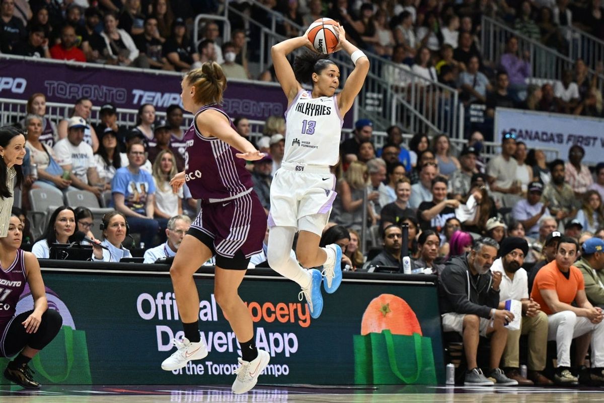 Jul 8, 2026; Toronto, Ontario, CAN;  Golden State Valkyries guard Janelle Salaun (13) looks for a passing option as Toronto Tempo guard Laura Juskaite (2) defends in the first half at Coca-Cola Coliseum. Mandatory Credit: Dan Hamilton-Imagn Images