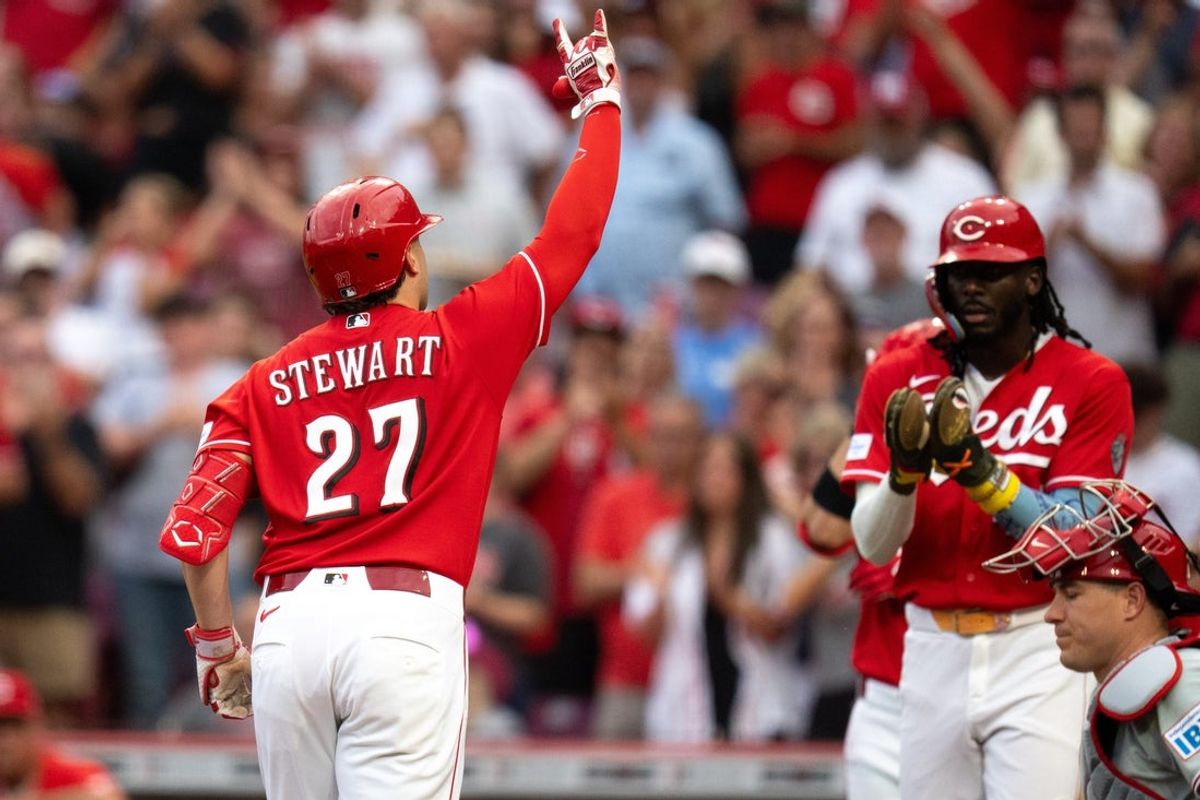 Cincinnati Reds third baseman Sal Stewart (27) gestures after hitting a 2-run home run in the third inning between the Philadelphia Phillies and Cincinnati Reds at Great American Ball Park in Cincinnati on Wednesday, July 8, 2026.