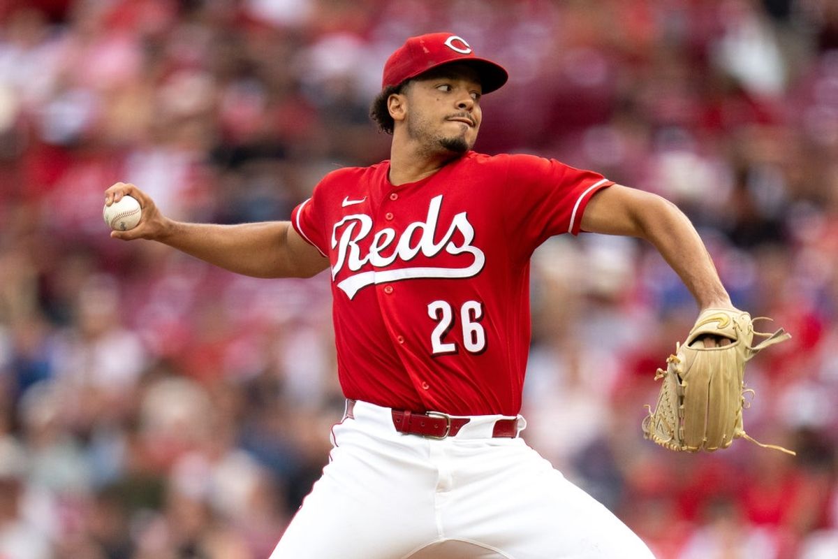 Cincinnati Reds pitcher Chase Burns (26) pitches in the first inning between the Philadelphia Phillies and Cincinnati Reds at Great American Ball Park in Cincinnati on Wednesday, July 8, 2026.
