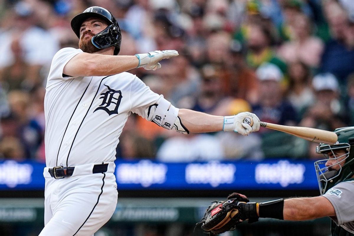 Detroit Tigers catcher Jake Rogers (34) bats against the Athletics during the second inning at Comerica Park in Detroit on Wednesday, July 8, 2026.